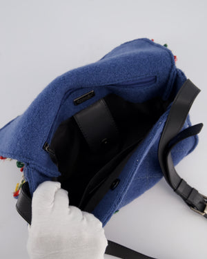 *LIMITED EDITION* Chanel Blue Fabric Paris-Salzburg Crest Austrian Embroidered Messenger Bag with Floral Detail, Charms and Ruthenium Hardware