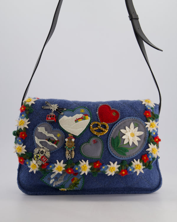 *LIMITED EDITION* Chanel Blue Fabric Paris-Salzburg Crest Austrian Embroidered Messenger Bag with Floral Detail, Charms and Ruthenium Hardware