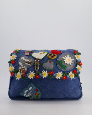 *LIMITED EDITION* Chanel Blue Fabric Paris-Salzburg Crest Austrian Embroidered Messenger Bag with Floral Detail, Charms and Ruthenium Hardware