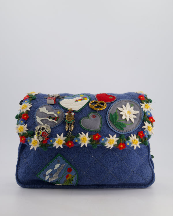 *LIMITED EDITION* Chanel Blue Fabric Paris-Salzburg Crest Austrian Embroidered Messenger Bag with Floral Detail, Charms and Ruthenium Hardware