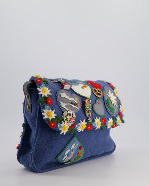 *LIMITED EDITION* Chanel Blue Fabric Paris-Salzburg Crest Austrian Embroidered Messenger Bag with Floral Detail, Charms and Ruthenium Hardware