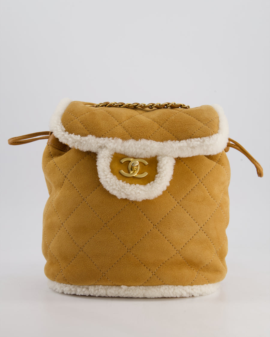 Chanel Coco Neige Shearling Trimmed Suede Backpack with Brushed Gold Hardware