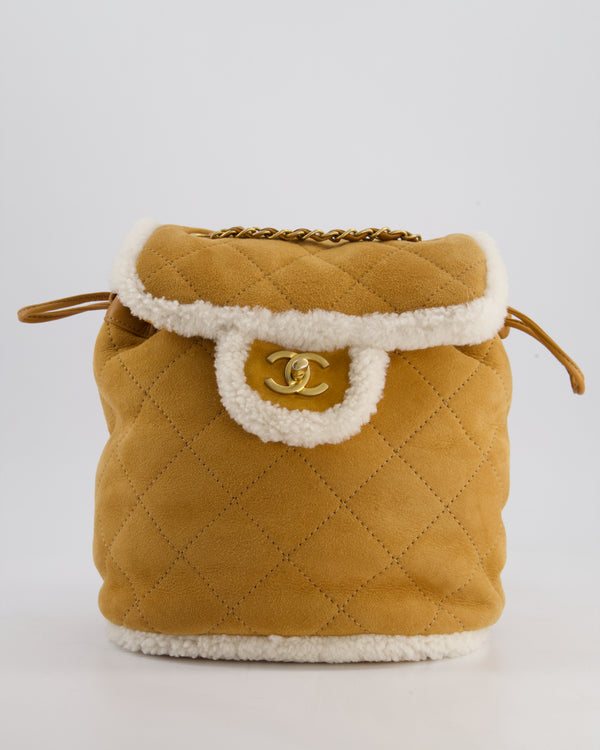 Chanel Coco Neige Shearling Trimmed Suede Backpack with Brushed Gold Hardware
