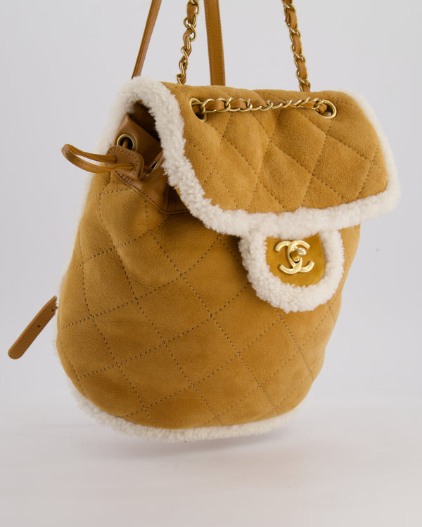 Chanel Coco Neige Shearling Trimmed Suede Backpack with Brushed Gold Hardware