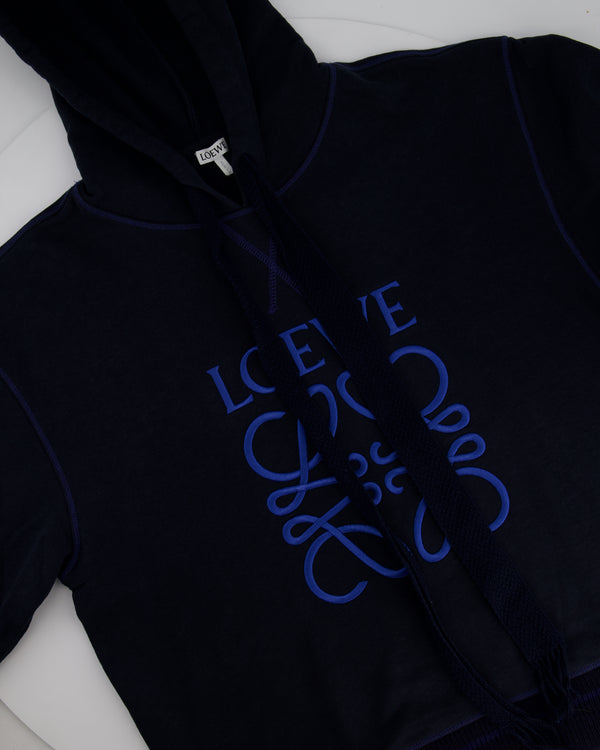 Loewe Navy Cotton Hoodie With Anagram Logo and Frayed String Detail Size M (UK 10)