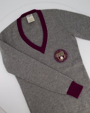 Chanel 07/A Grey and Purple Cashmere Jumper with Embroidered and Beaded Logo Patch Detail FR 38 (UK 10)