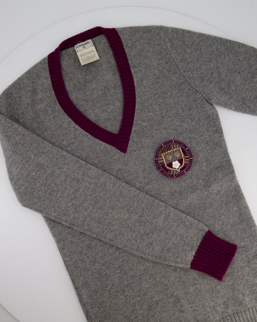 Chanel 07/A Grey and Purple Cashmere Jumper with Embroidered and Beaded Logo Patch Detail FR 38 (UK 10)