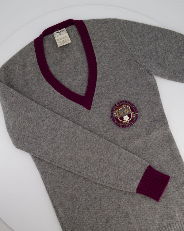 Chanel 07/A Grey and Purple Cashmere Jumper with Embroidered and Beaded Logo Patch Detail FR 38 (UK 10)