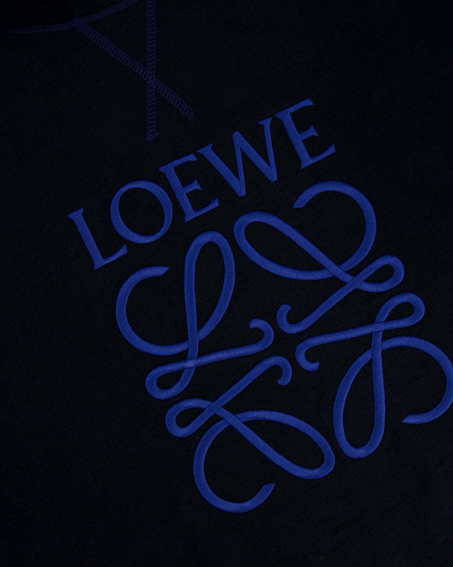 Loewe Navy Cotton Hoodie With Anagram Logo and Frayed String Detail Size M (UK 10)