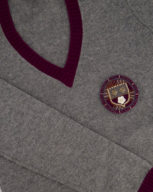 Chanel 07/A Grey and Purple Cashmere Jumper with Embroidered and Beaded Logo Patch Detail FR 38 (UK 10)