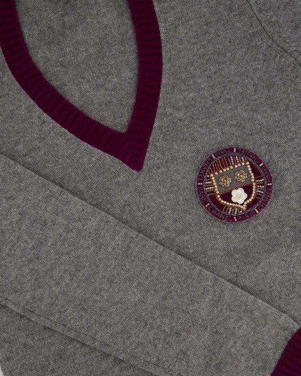 Chanel 07/A Grey and Purple Cashmere Jumper with Embroidered and Beaded Logo Patch Detail FR 38 (UK 10)
