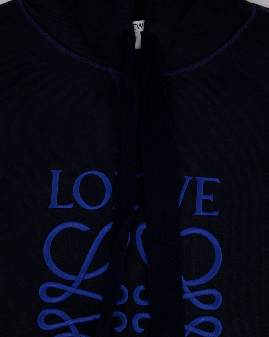 Loewe Navy Cotton Hoodie With Anagram Logo and Frayed String Detail Size M (UK 10)