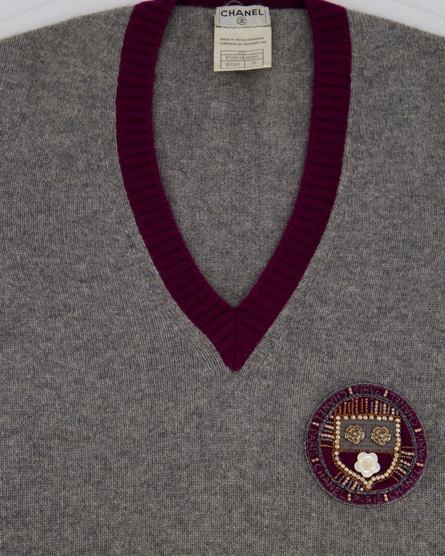 Chanel 07/A Grey and Purple Cashmere Jumper with Embroidered and Beaded Logo Patch Detail FR 38 (UK 10)