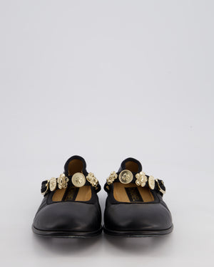 Chanel Black Mary Jane Flat Shoes in Calfskin Leather with Gold Charm Details Size EU 39