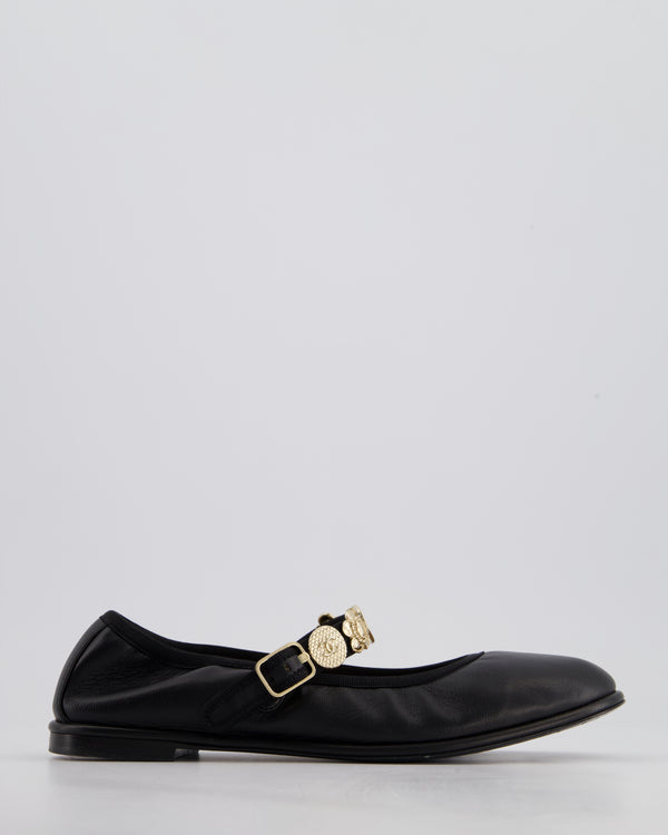 Chanel Black Mary Jane Flat Shoes in Calfskin Leather with Gold Charm Details Size EU 39