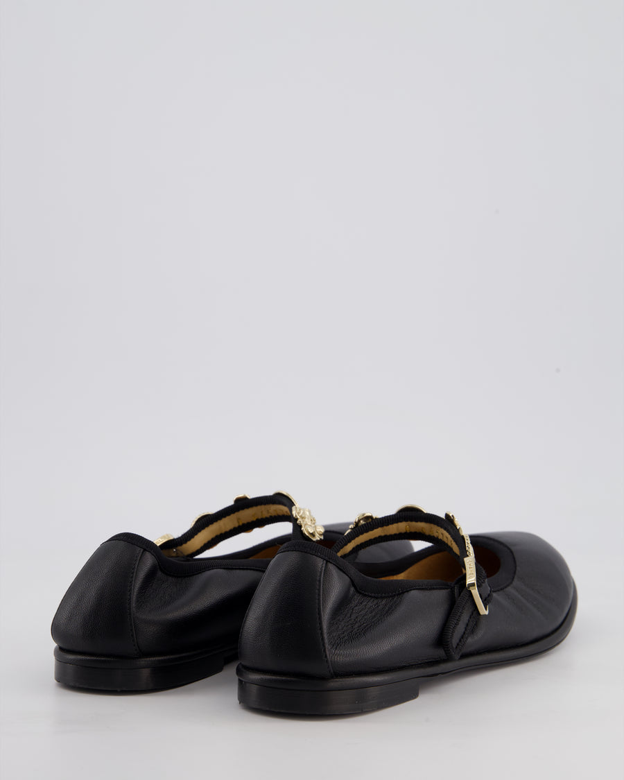 Chanel Black Mary Jane Flat Shoes in Calfskin Leather with Gold Charm Details Size EU 39