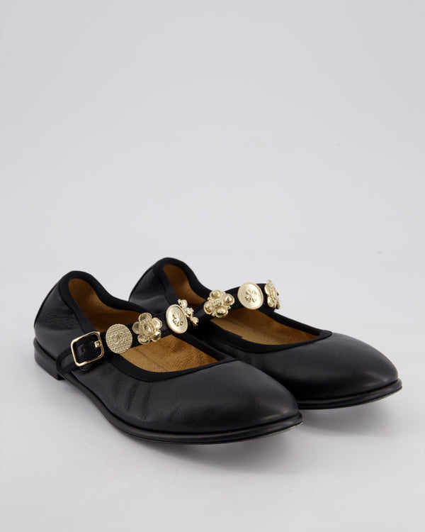 Chanel Black Mary Jane Flat Shoes in Calfskin Leather with Gold Charm Details Size EU 39