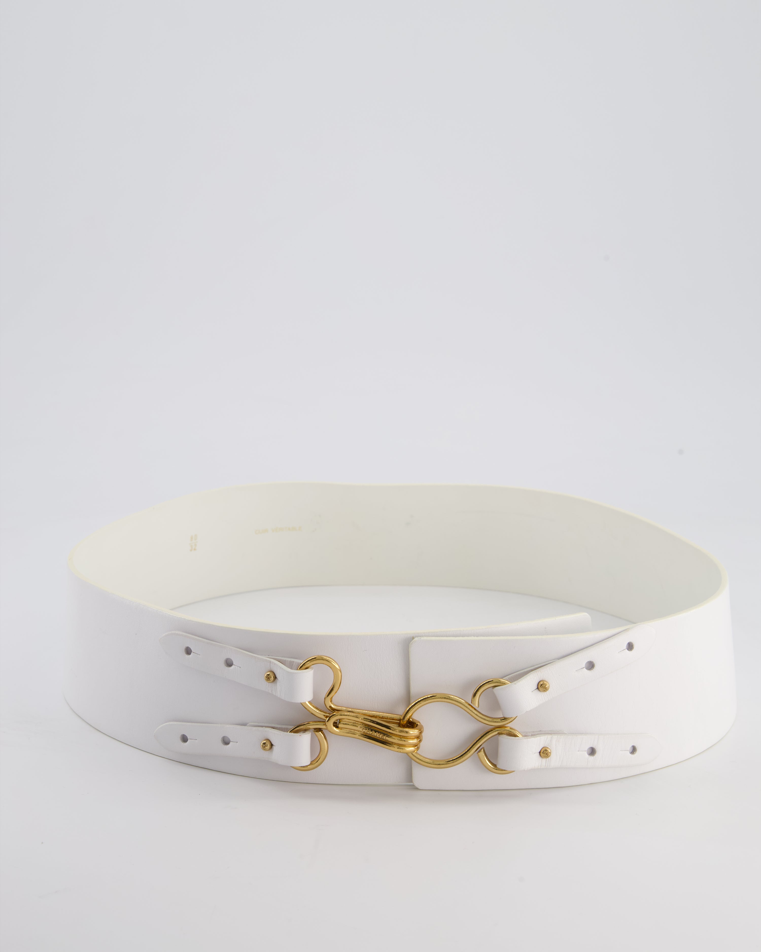 Chanel 03/A White Wide Leather Belt with Gold Clasp Size 80