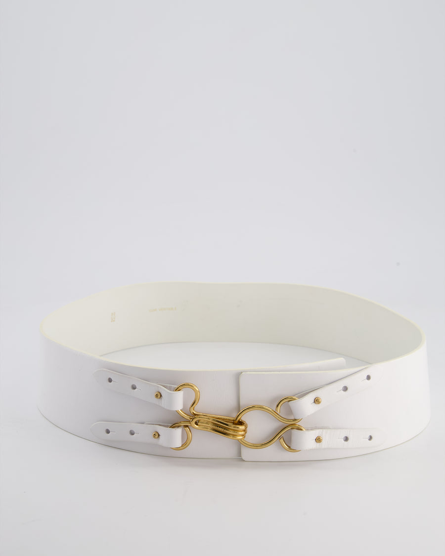 Chanel 03/A White Wide Leather Belt with Gold Clasp Size 80