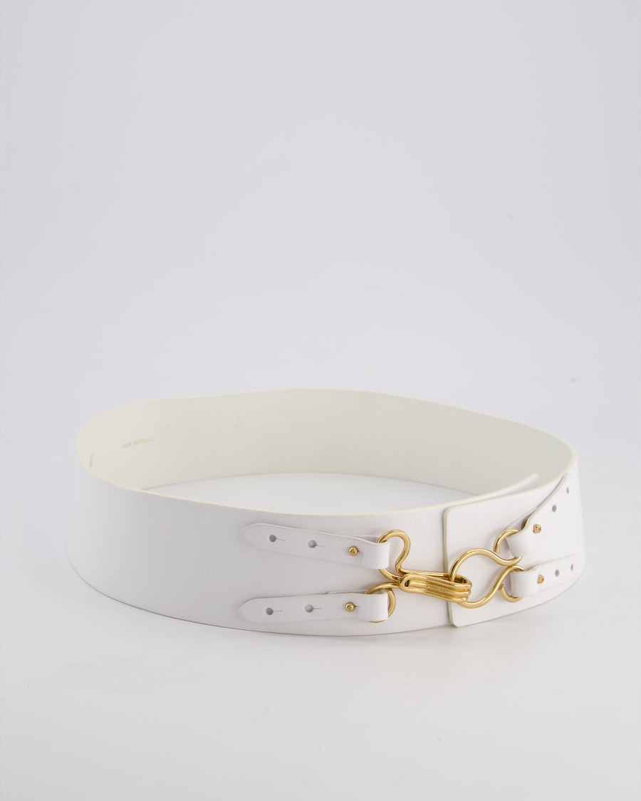 Chanel 03/A White Wide Leather Belt with Gold Clasp Size 80