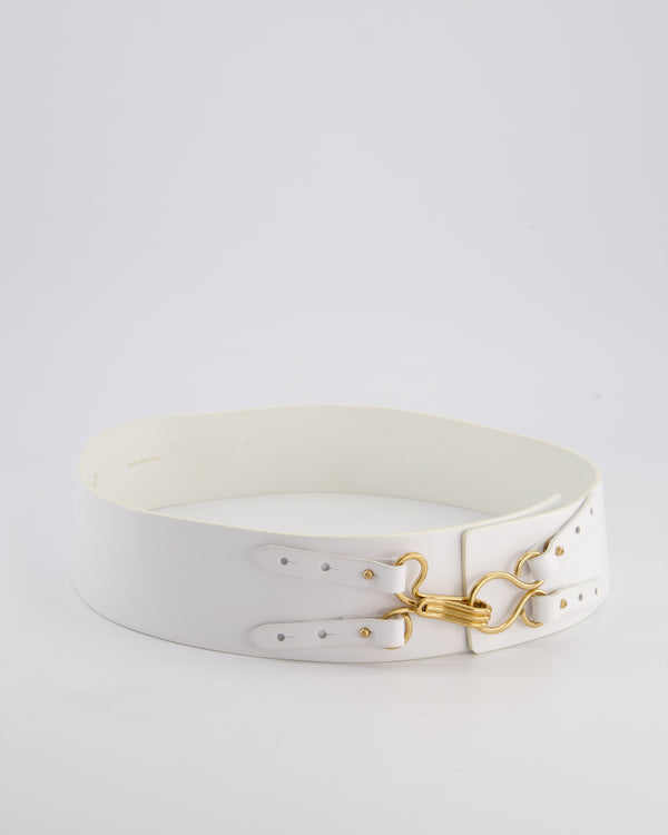 Chanel 03/A White Wide Leather Belt with Gold Clasp Size 80