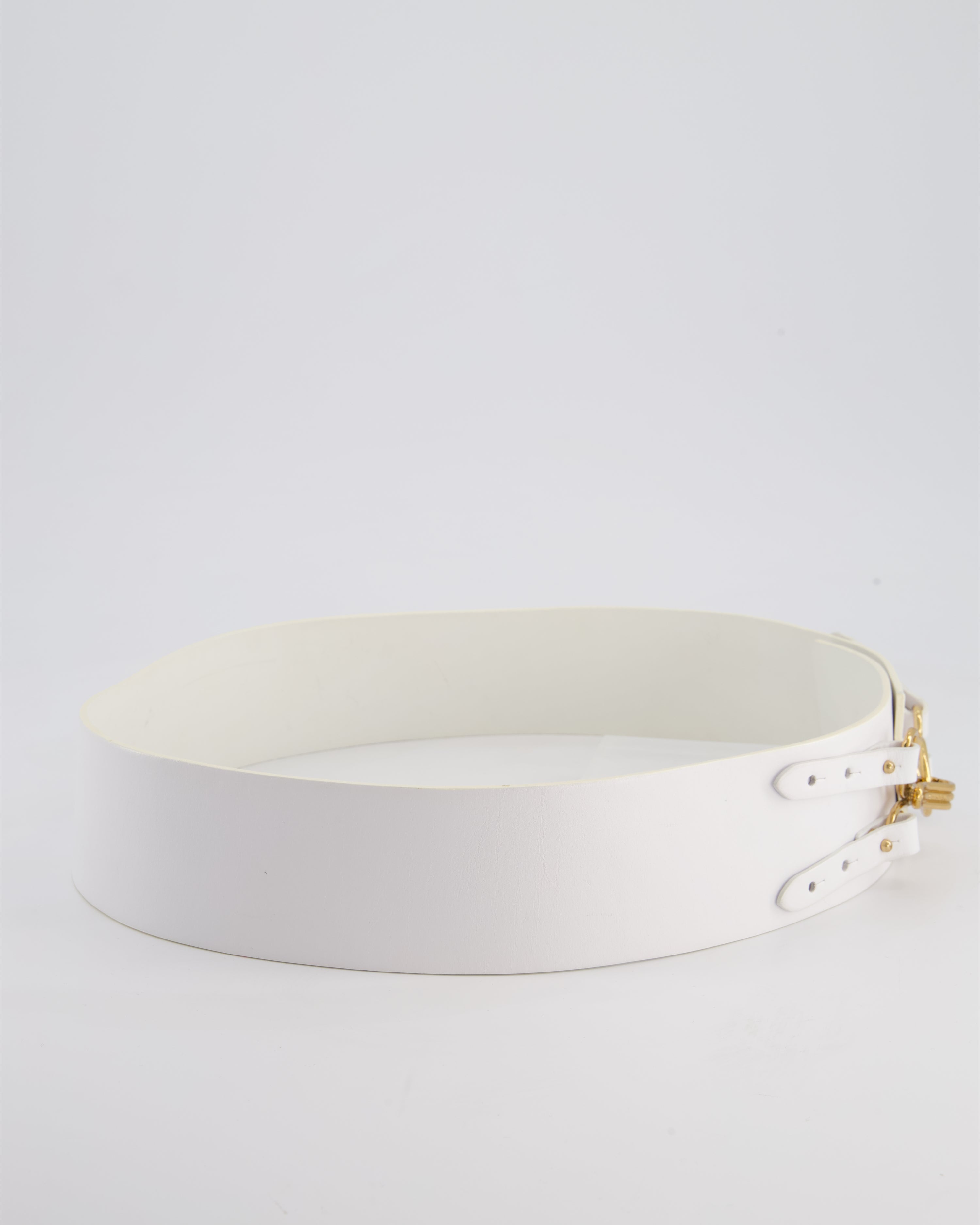 Chanel 03/A White Wide Leather Belt with Gold Clasp Size 80