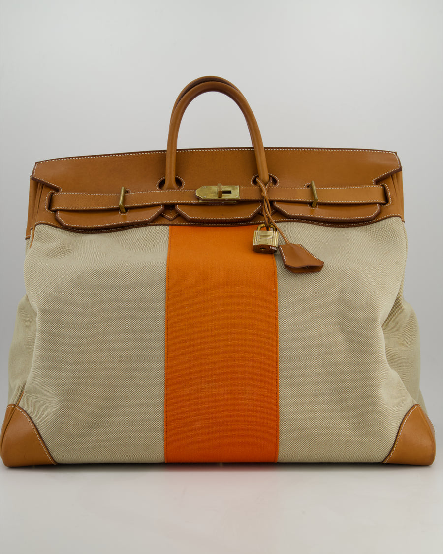 Hermès HAC Flag 50 Bag in Canvas with Orange Stripe and Natural Barenia Leather with Brushed Gold Hardware