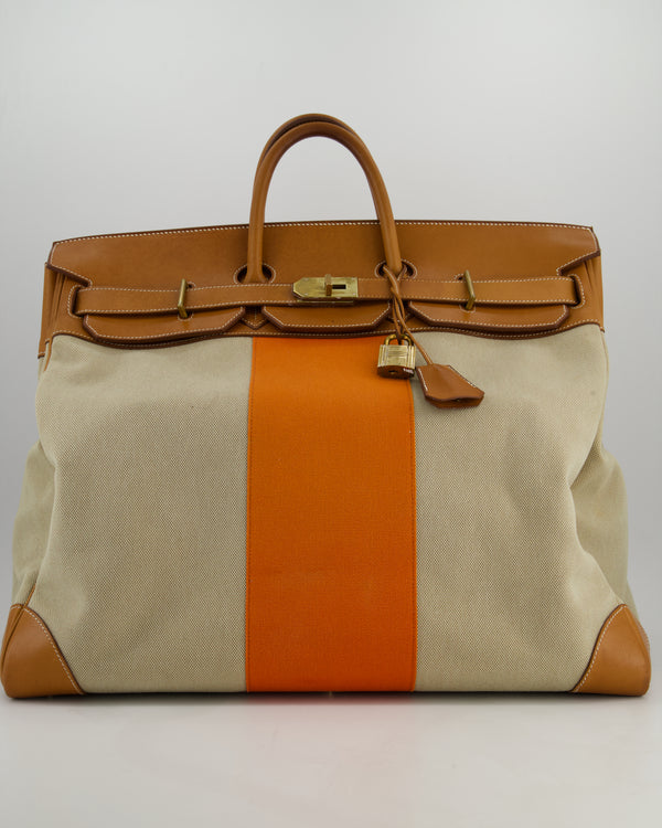 Hermès HAC Flag 50 Bag in Canvas with Orange Stripe and Natural Barenia Leather with Brushed Gold Hardware