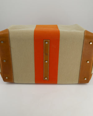 Hermès HAC Flag 50 Bag in Canvas with Orange Stripe and Natural Barenia Leather with Brushed Gold Hardware
