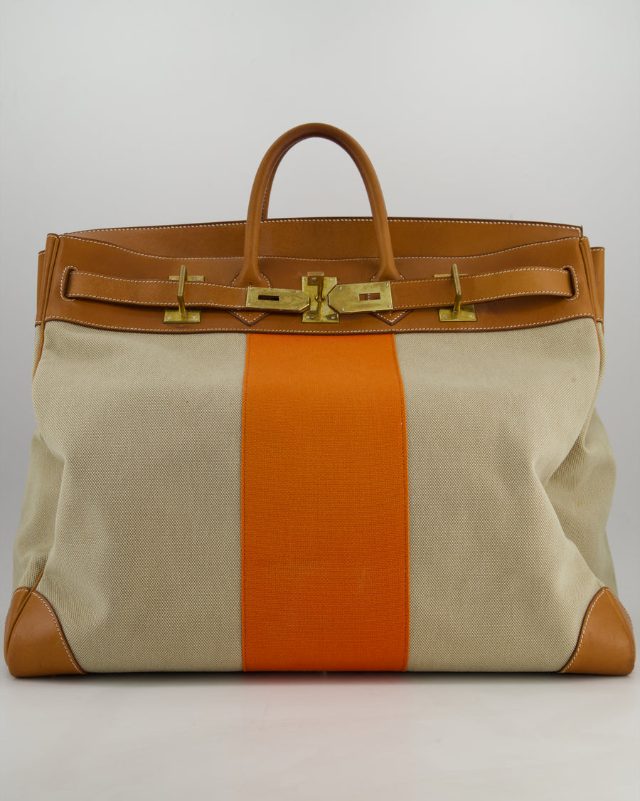 Hermès HAC Flag 50 Bag in Canvas with Orange Stripe and Natural Barenia Leather with Brushed Gold Hardware