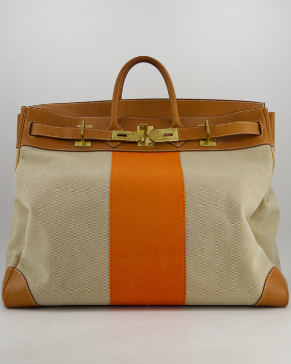 Hermès HAC Flag 50 Bag in Canvas with Orange Stripe and Natural Barenia Leather with Brushed Gold Hardware
