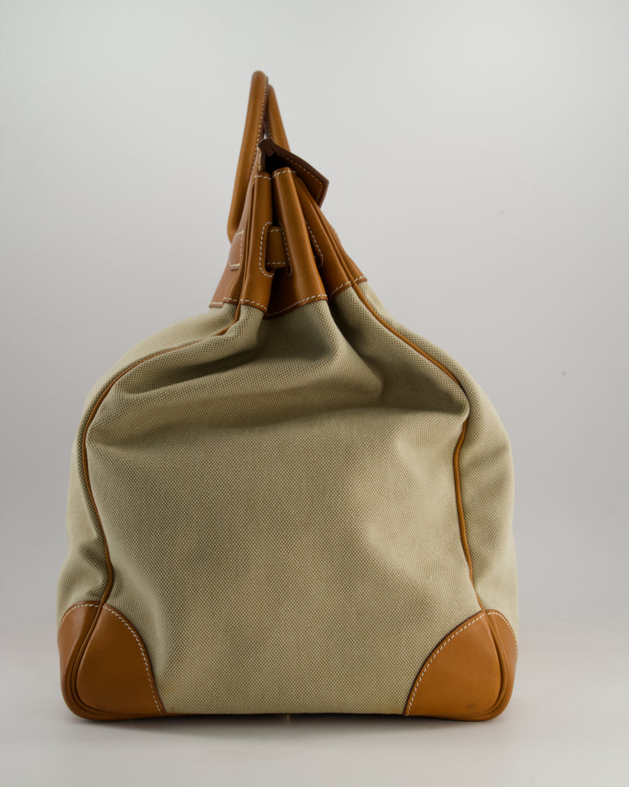 Hermès HAC Flag 50 Bag in Canvas with Orange Stripe and Natural Barenia Leather with Brushed Gold Hardware