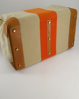 Hermès HAC Flag 50 Bag in Canvas with Orange Stripe and Natural Barenia Leather with Brushed Gold Hardware