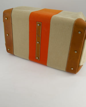 Hermès HAC Flag 50 Bag in Canvas with Orange Stripe and Natural Barenia Leather with Brushed Gold Hardware