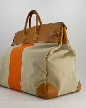 Hermès HAC Flag 50 Bag in Canvas with Orange Stripe and Natural Barenia Leather with Brushed Gold Hardware