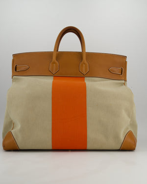 Hermès HAC Flag 50 Bag in Canvas with Orange Stripe and Natural Barenia Leather with Brushed Gold Hardware