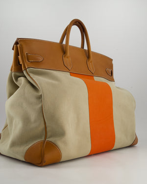 Hermès HAC Flag 50 Bag in Canvas with Orange Stripe and Natural Barenia Leather with Brushed Gold Hardware