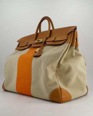 Hermès HAC Flag 50 Bag in Canvas with Orange Stripe and Natural Barenia Leather with Brushed Gold Hardware
