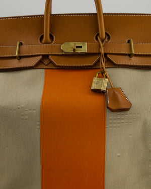 Hermès HAC Flag 50 Bag in Canvas with Orange Stripe and Natural Barenia Leather with Brushed Gold Hardware