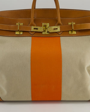 Hermès HAC Flag 50 Bag in Canvas with Orange Stripe and Natural Barenia Leather with Brushed Gold Hardware