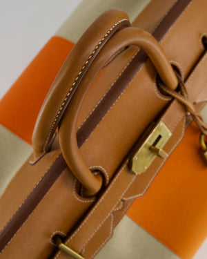 Hermès HAC Flag 50 Bag in Canvas with Orange Stripe and Natural Barenia Leather with Brushed Gold Hardware
