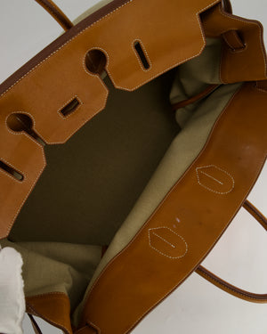 Hermès HAC Flag 50 Bag in Canvas with Orange Stripe and Natural Barenia Leather with Brushed Gold Hardware
