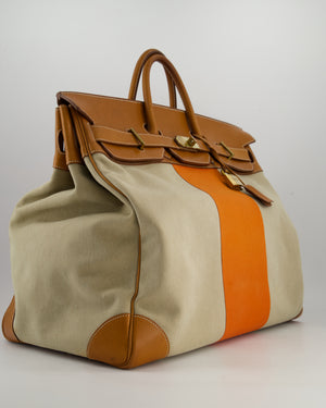 Hermès HAC Flag 50 Bag in Canvas with Orange Stripe and Natural Barenia Leather with Brushed Gold Hardware
