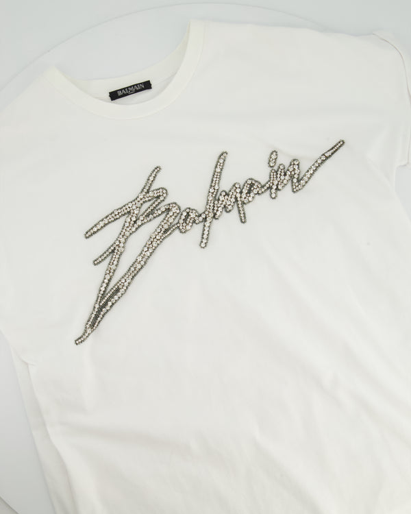 Balmain White Thick Cotton T-shirt with Embellished Logo Detail Size FR 36 (UK 8)