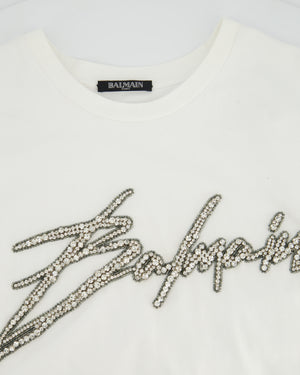 Balmain White Thick Cotton T-shirt with Embellished Logo Detail Size FR 36 (UK 8)