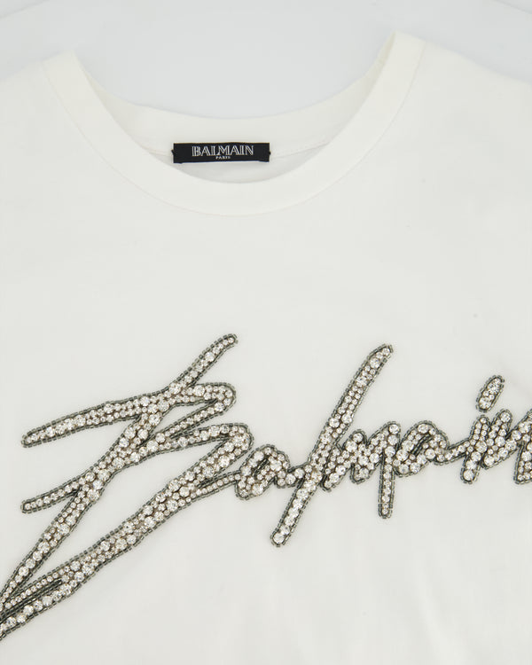 Balmain White Thick Cotton T-shirt with Embellished Logo Detail Size FR 36 (UK 8)