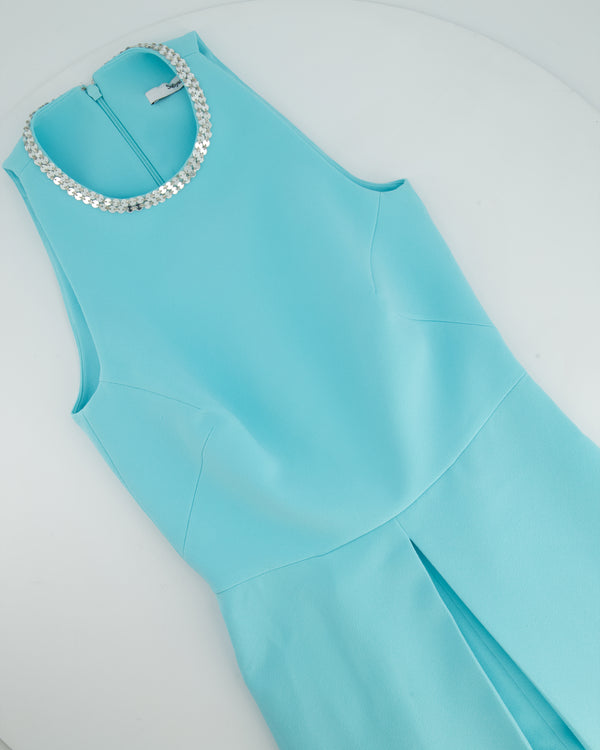 Safiyaa Tiffany Blue Eula Positano Sleeveless Wide Leg Jumpsuit with Sequence Neckline Detail IT 38 (UK 6)