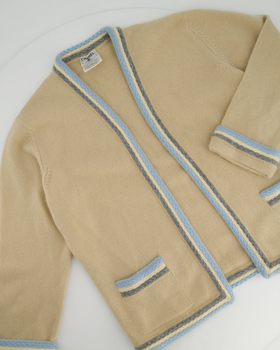 Chanel 05/A Beige Cardigan with Knitted Blue Trim Size FR 38 (UK 10)