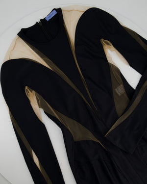 Mugler Black Panelled Mesh Midi Dress with Logo Detail Size FR 40 (UK 12)