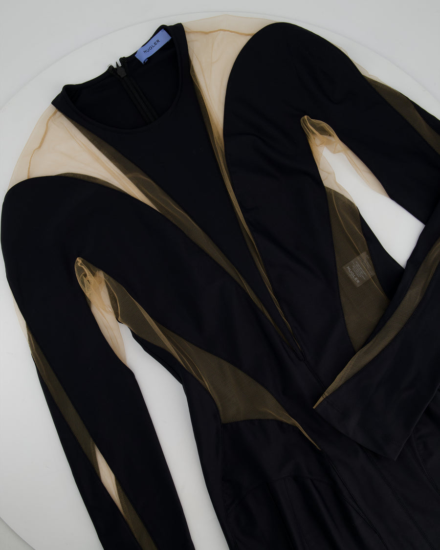 Mugler Black Panelled Mesh Midi Dress with Logo Detail Size FR 40 (UK 12)